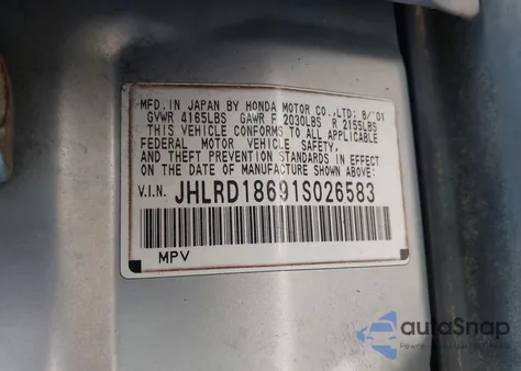 2001 Honda Cr-V Ex из США, поврежденный, VIN JHLRD18691S026583